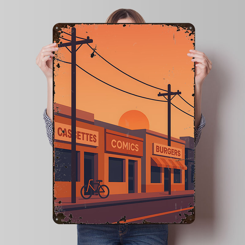 Retro Gaming Shops - Sunset Street With Shops and Bike